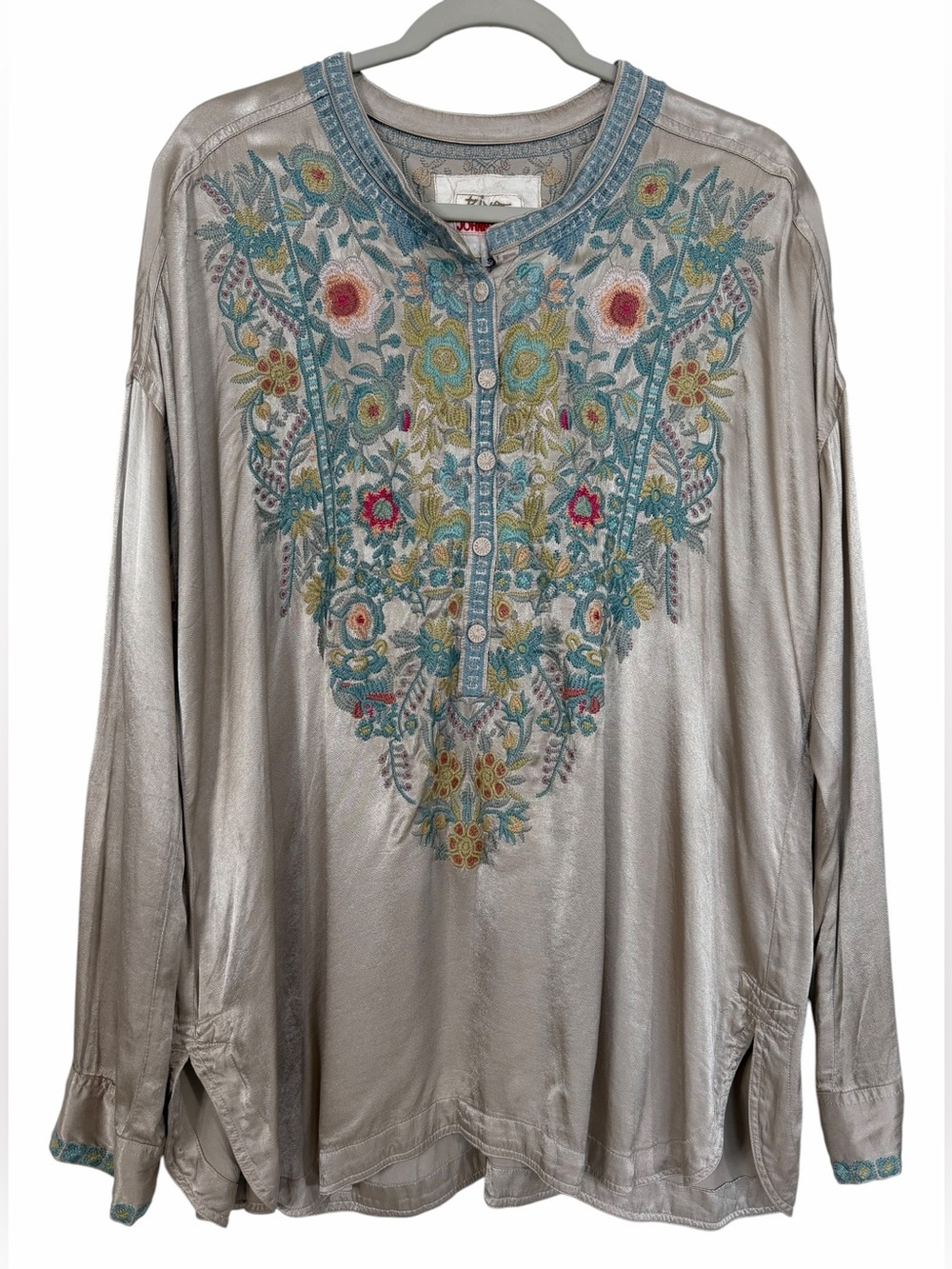 Biya Johnny Was Reanne Tunic Blouse Satin Embroidered Size Small